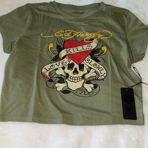 ED HARDY Olive Baby Tee Olive Green Short Sleeve Tattoo Love Kills Slowly Shirt